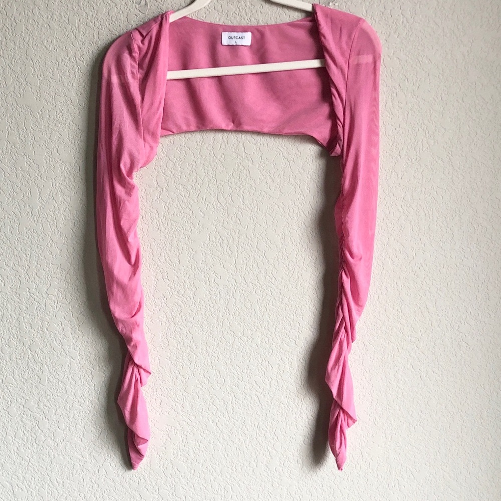 Outcast Pink Mesh Bolero Shrug Ruched Sleeve Large Festival Y2K